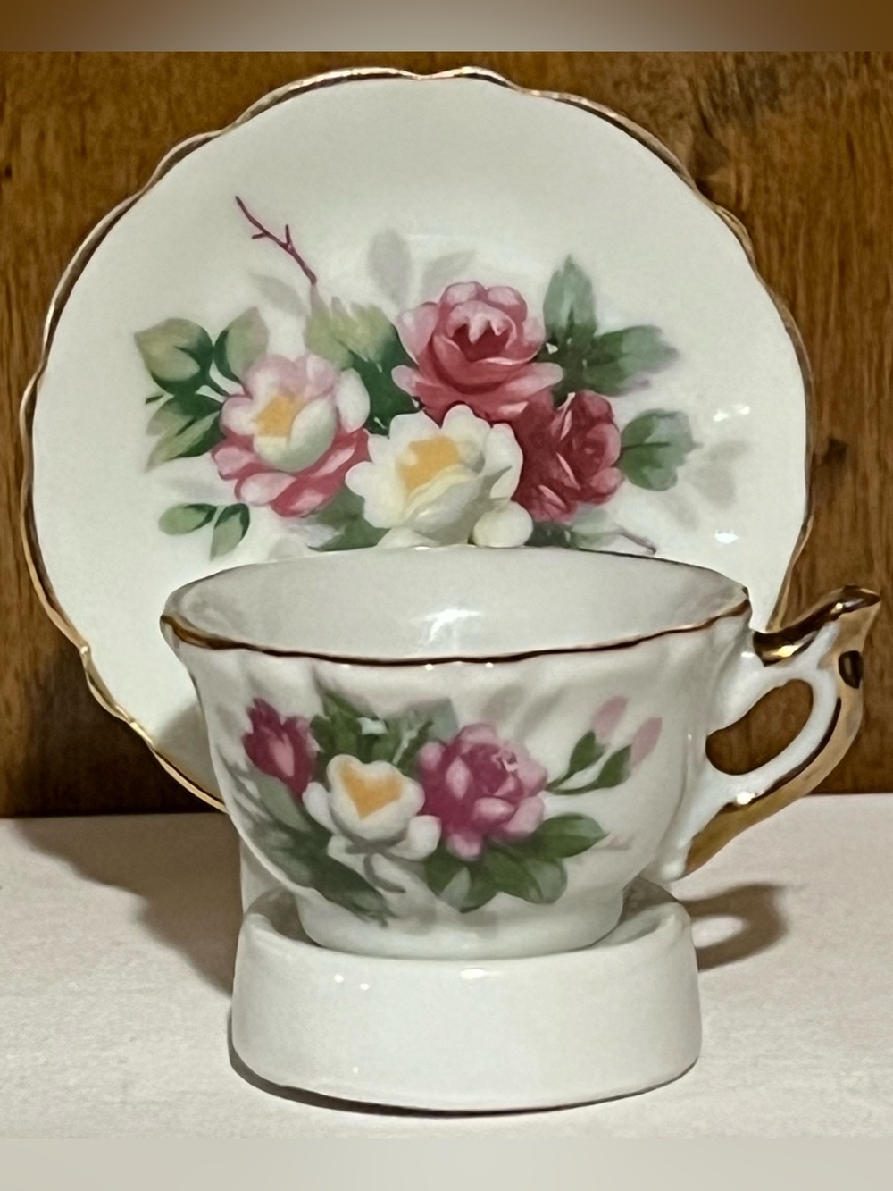 Vintage Miniature Teacup, Saucer, and Display Stand